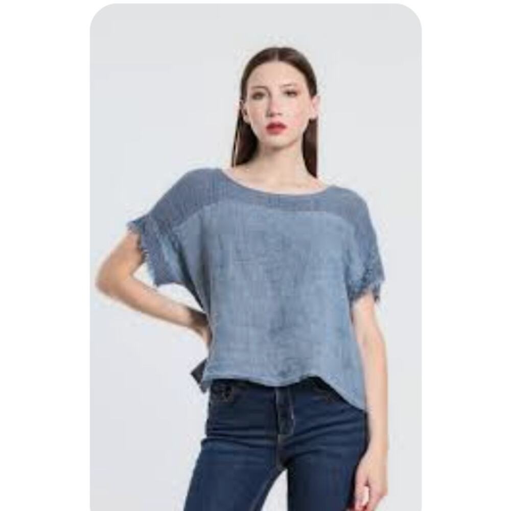 TINA Stephens Womens M L Blue Linen Boho Frayed Hem Short Sleeve Crop Top